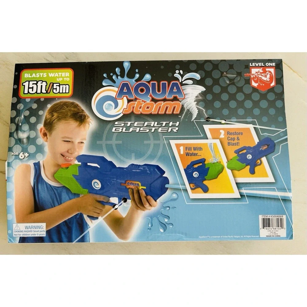 Blue Aqua Storm Stealth Blaster Water Gun NIB 15ft Range Kids Summer Toy Ages 6+